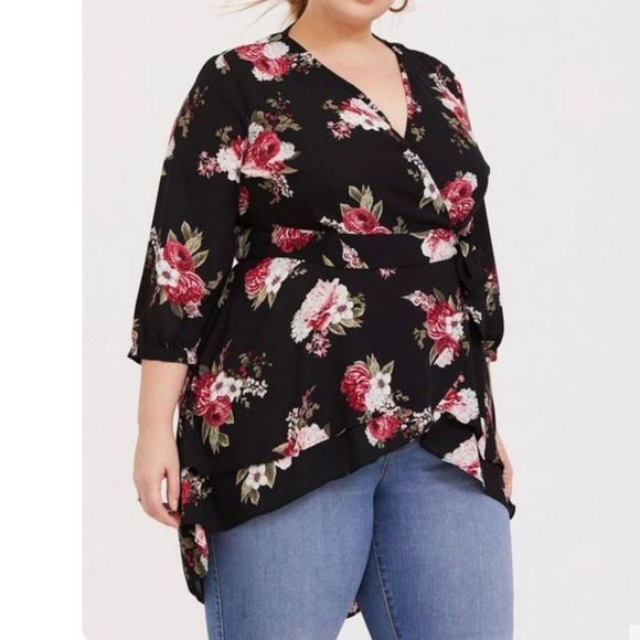 Torrid Black Pink Floral Hi Lo 3/4 Sleeves Georgette Tunic‎ Wrap Blouse 1X - Picture 2 of 13